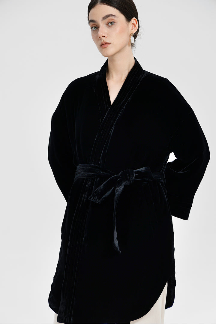 Amara Relaxed Velvet Kimono Wrap Coat