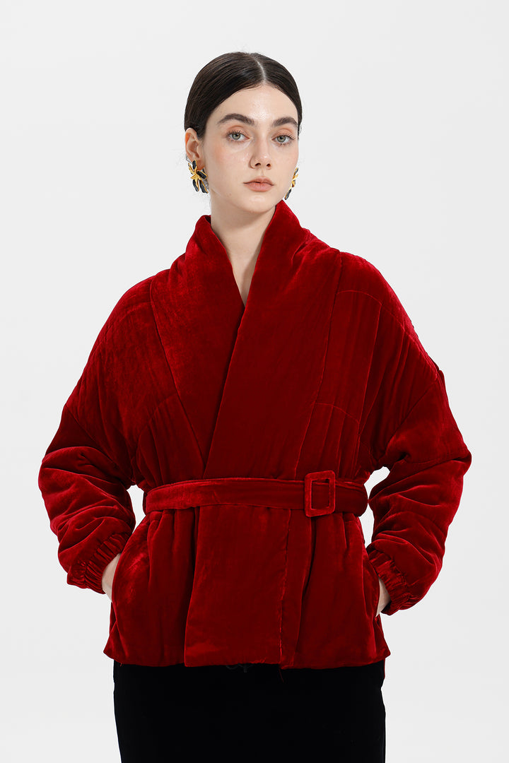 Crimson Flame Elise Belted Velvet Jacket