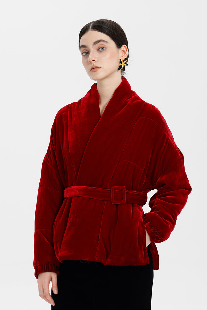 Crimson Flame Elise Belted Velvet Jacket