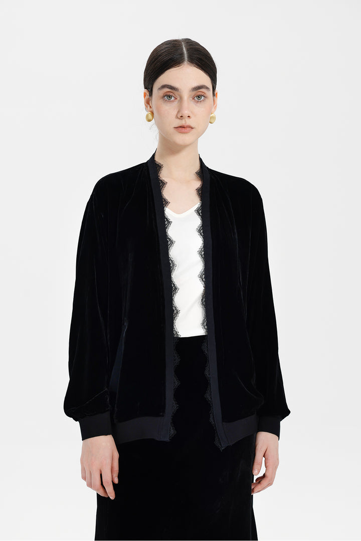 Elina Lace-Trim Velvet Jacket