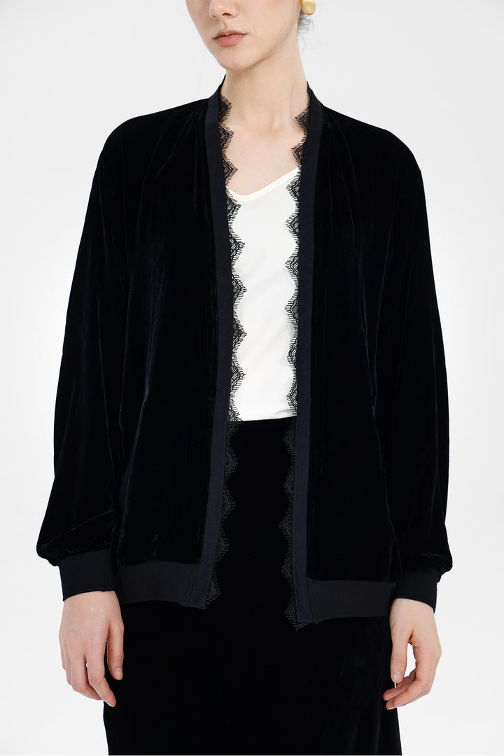 Elina Lace-Trim Velvet Jacket