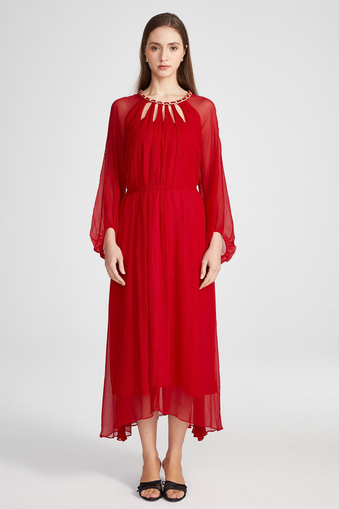 Sierra Hollow Out Silk Dress in Red