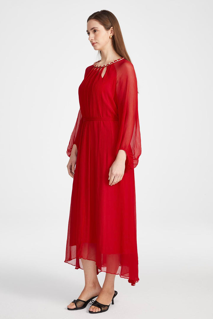 Sierra Hollow Out Silk Dress in Red