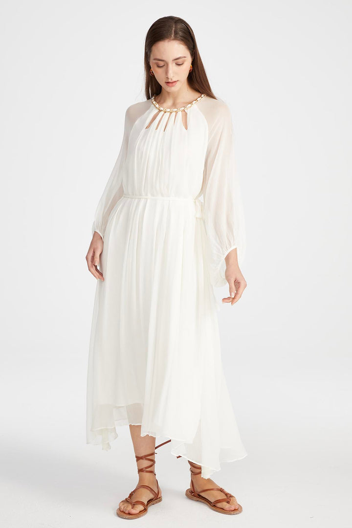 Sierra Hollow Out Silk Dress in White