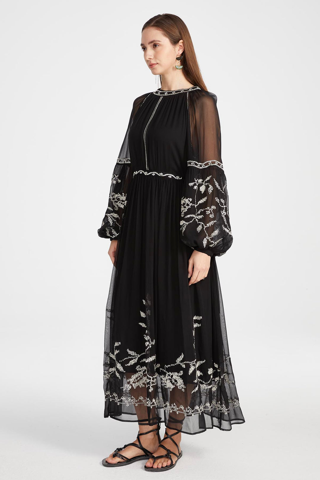 Isabel Silk Embroidered Dress in Black