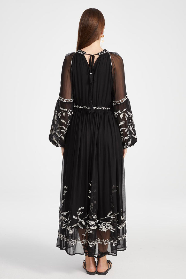 Isabel Silk Embroidered Dress in Black