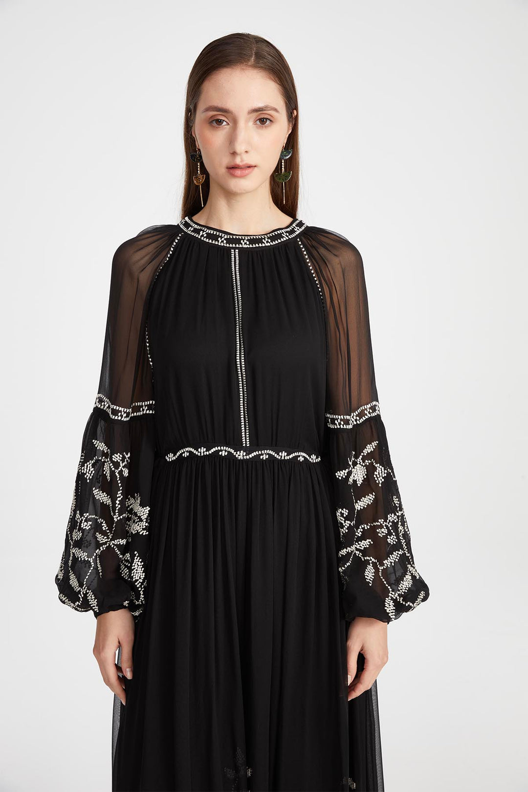 Isabel Silk Embroidered Dress in Black