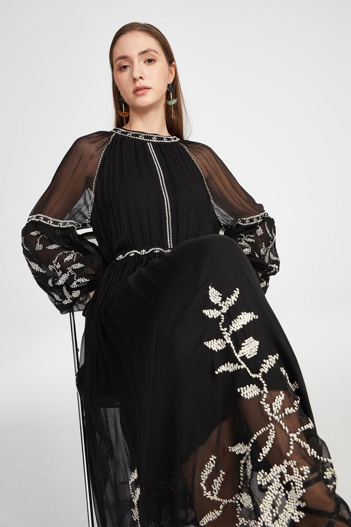 Isabel Silk Embroidered Dress in Black