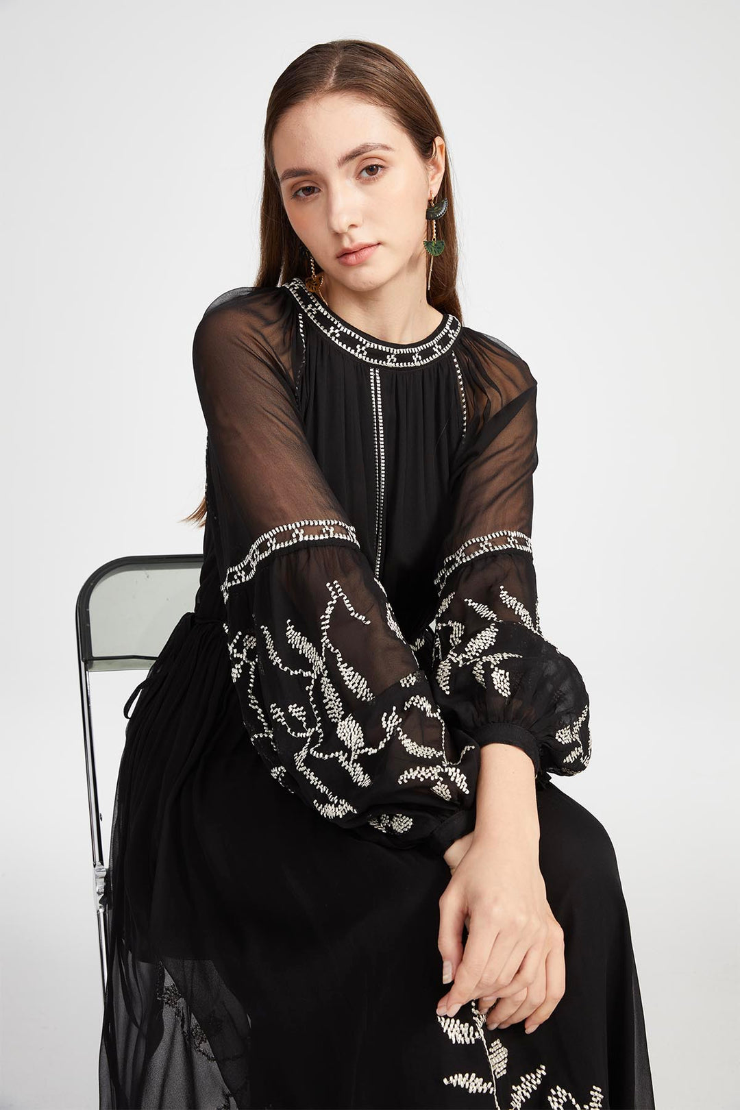 Isabel Silk Embroidered Dress in Black