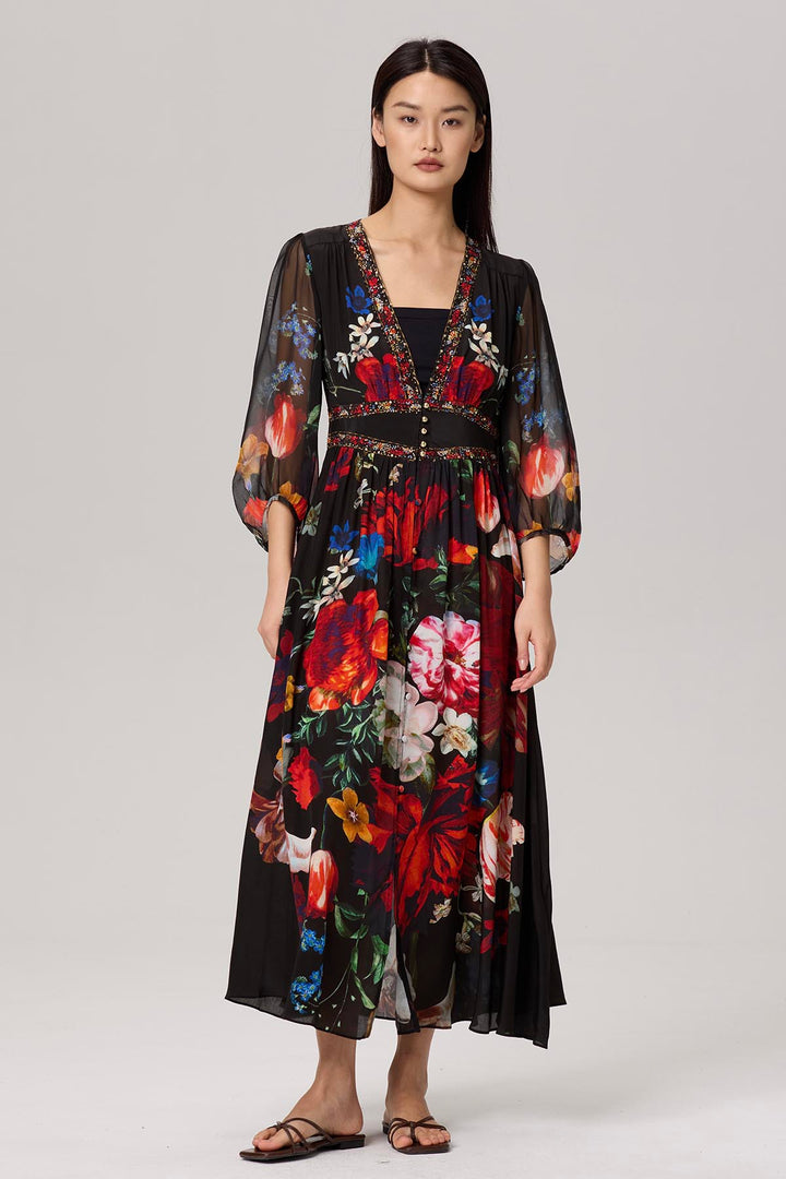 Baela Vintage Flower Print Silk Dress