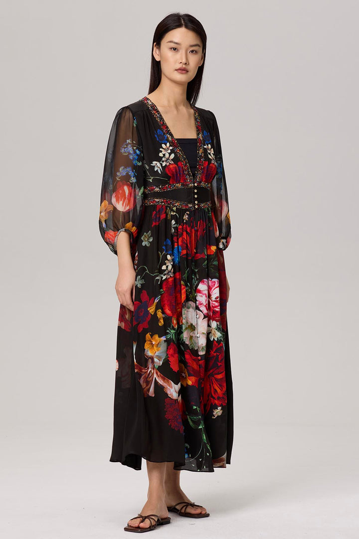 Baela Vintage Flower Print Silk Dress