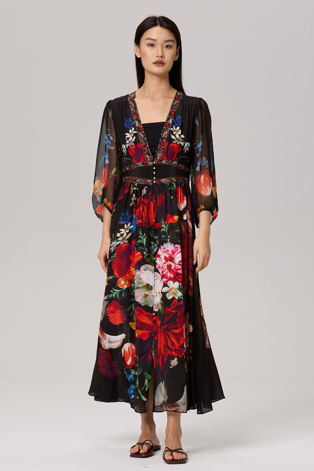 Baela Vintage Flower Print Silk Dress