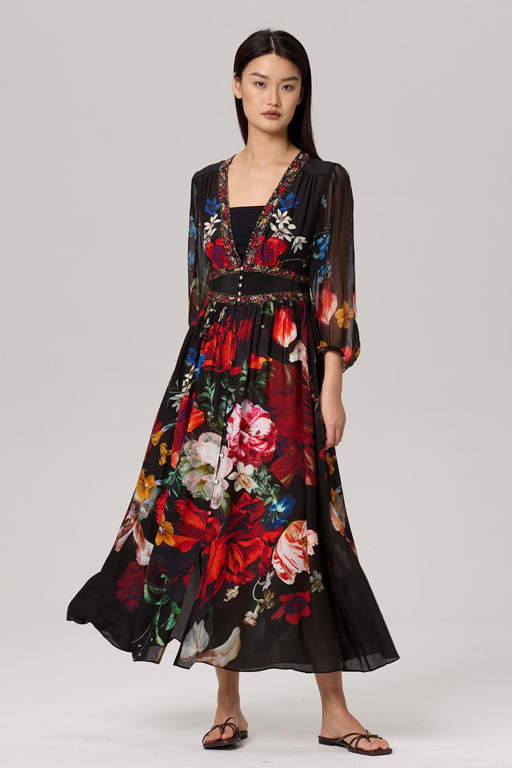 Baela Vintage Flower Print Silk Dress