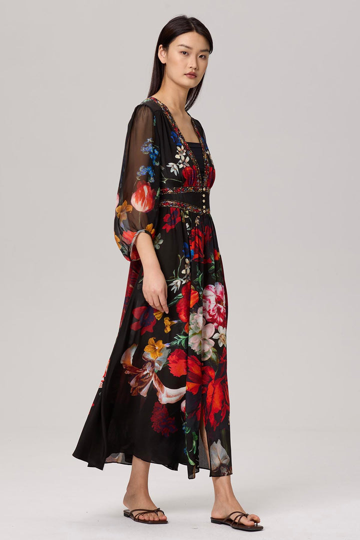 Baela Vintage Flower Print Silk Dress