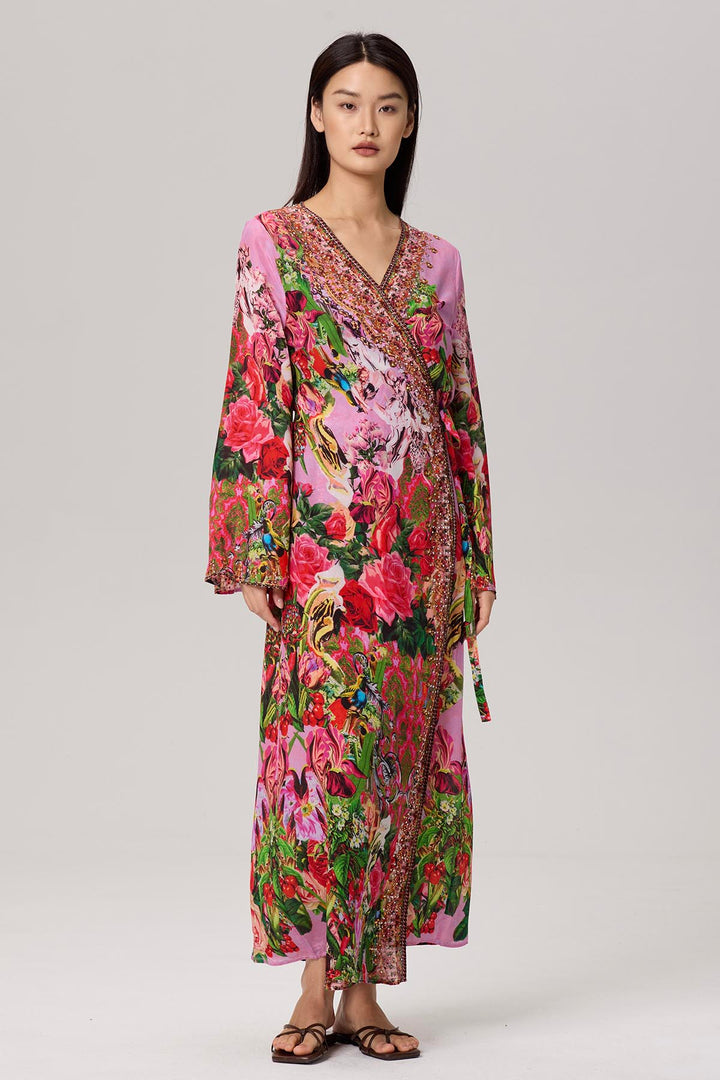 Nia Flower Print Wrap Maxi Silk Dress