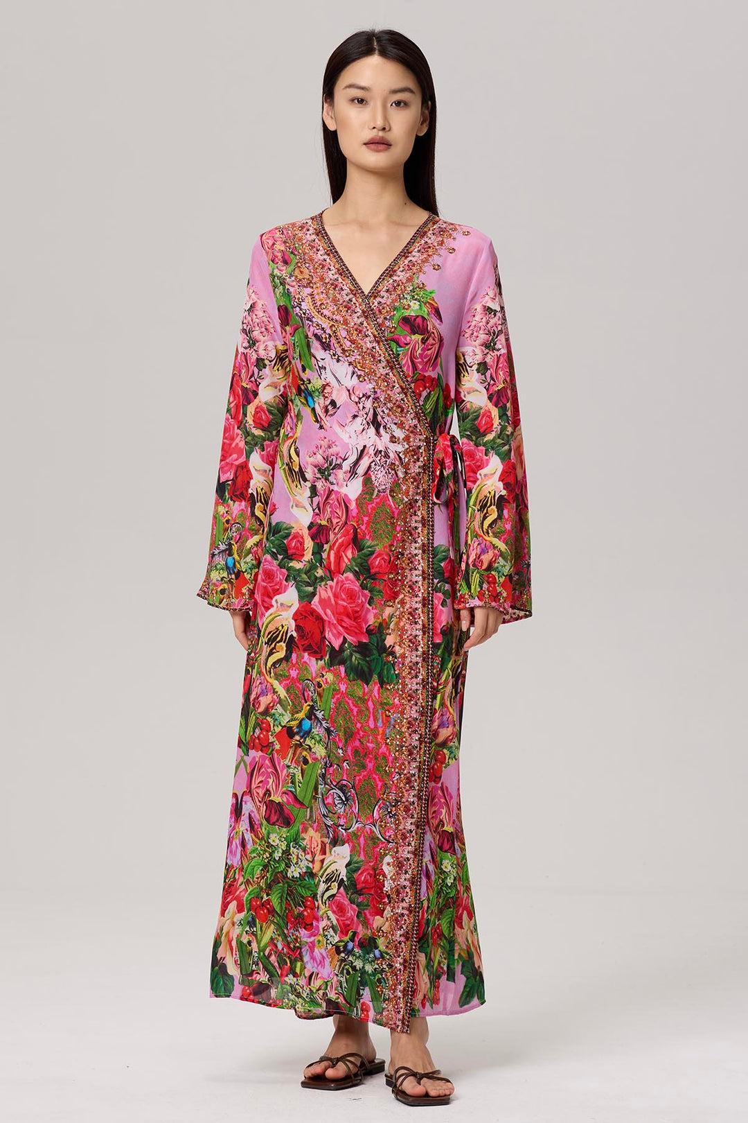 Nia Flower Print Wrap Maxi Silk Dress