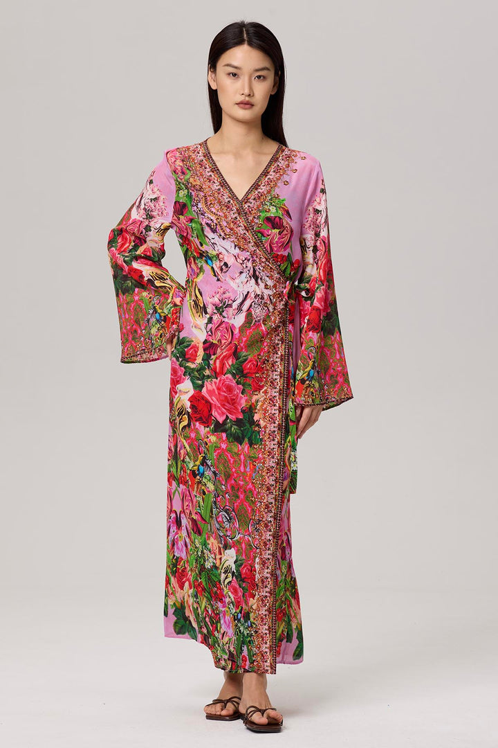 Nia Flower Print Wrap Maxi Silk Dress