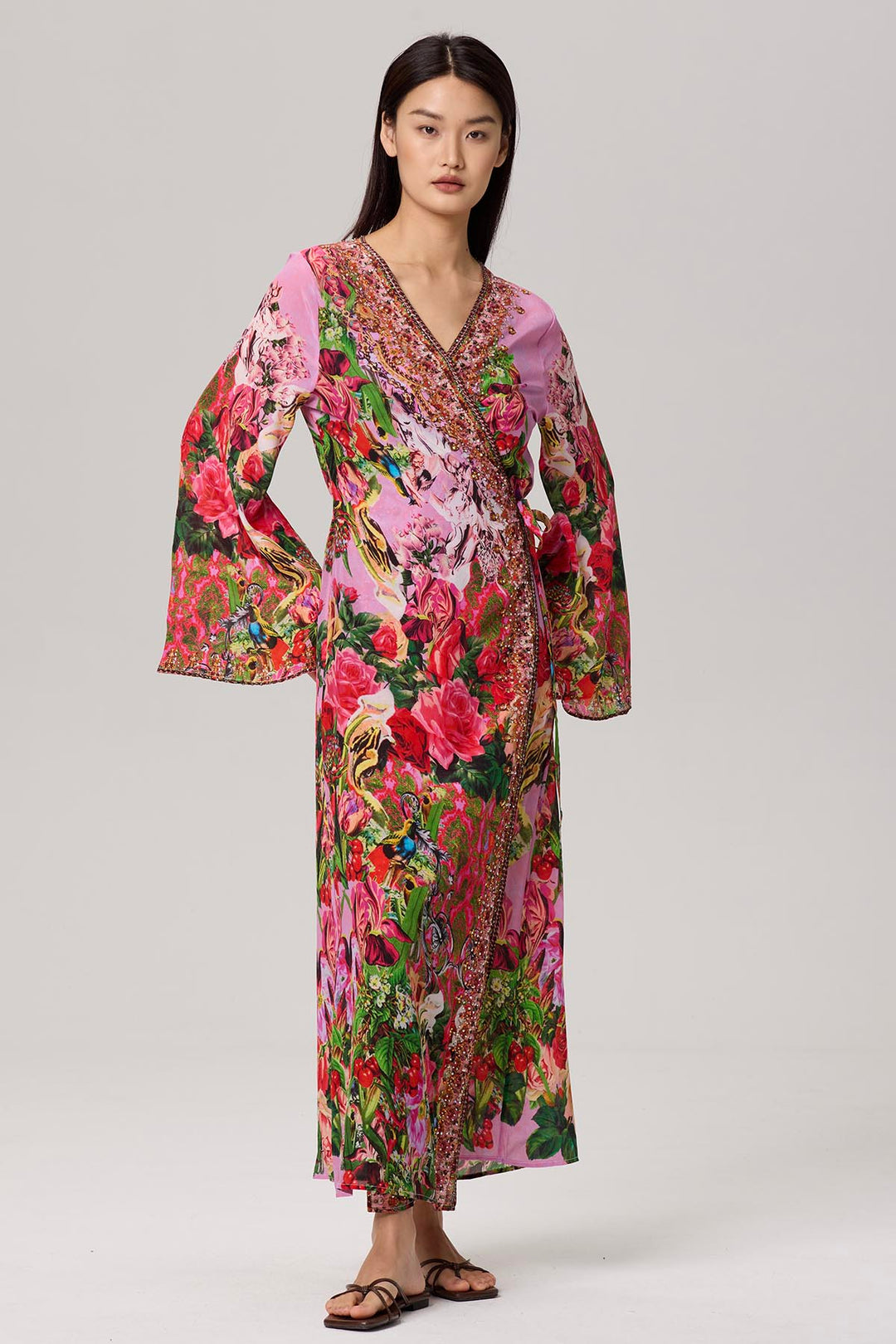 Nia Flower Print Wrap Maxi Silk Dress