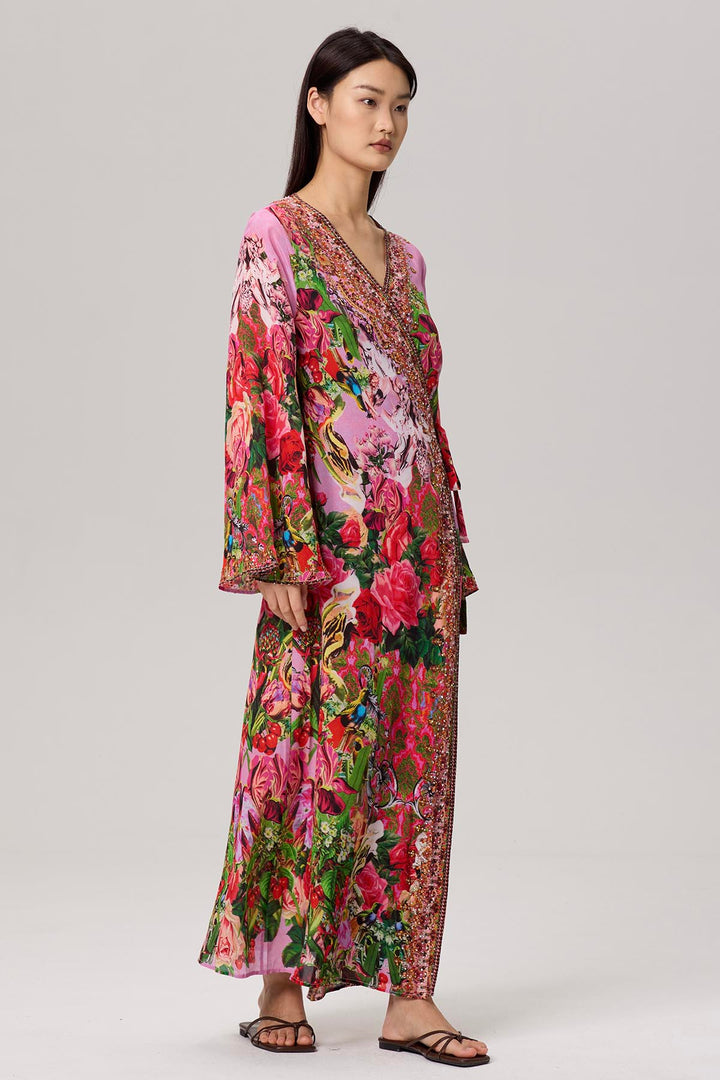 Nia Flower Print Wrap Maxi Silk Dress