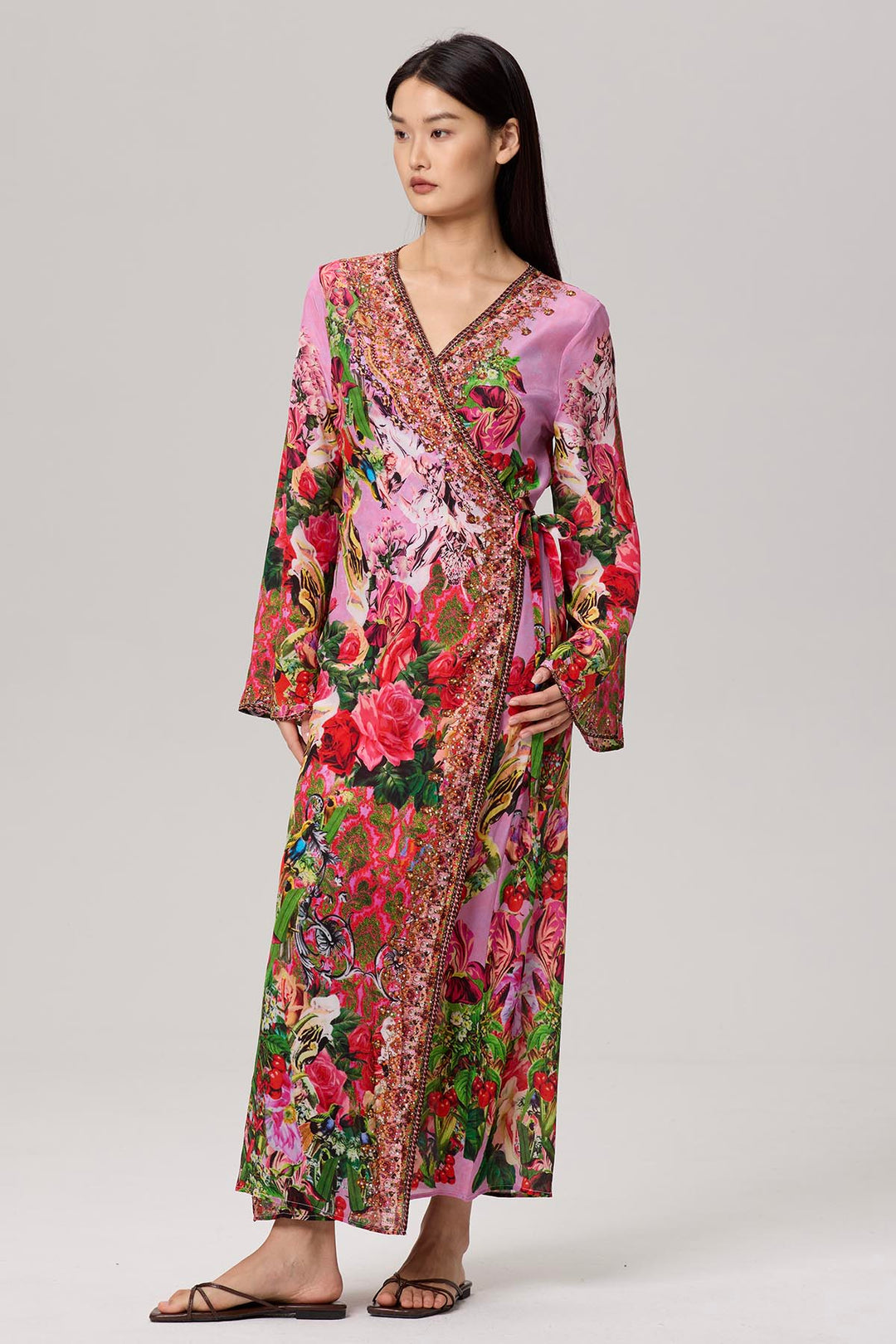 Nia Flower Print Wrap Maxi Silk Dress