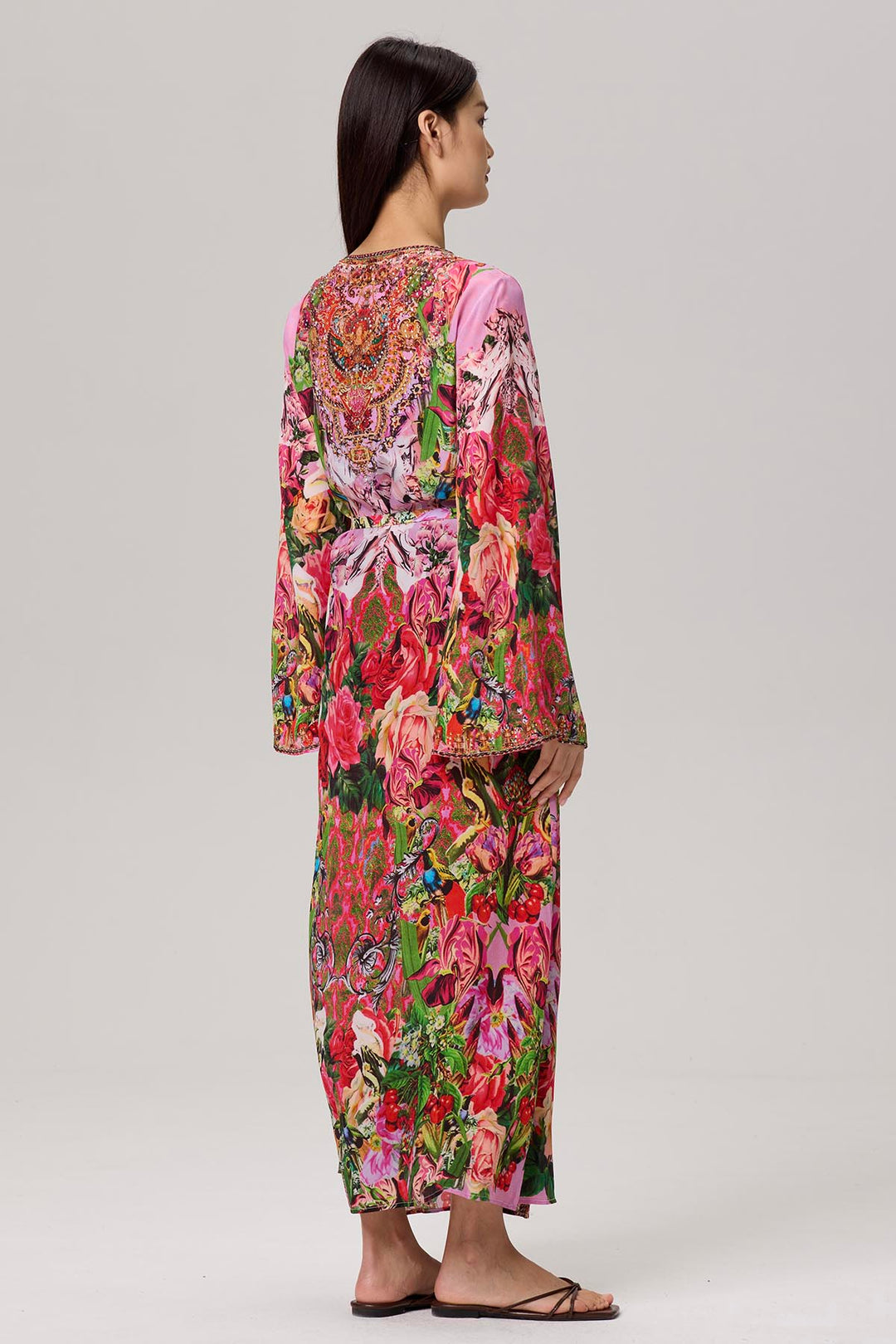 Nia Flower Print Wrap Maxi Silk Dress