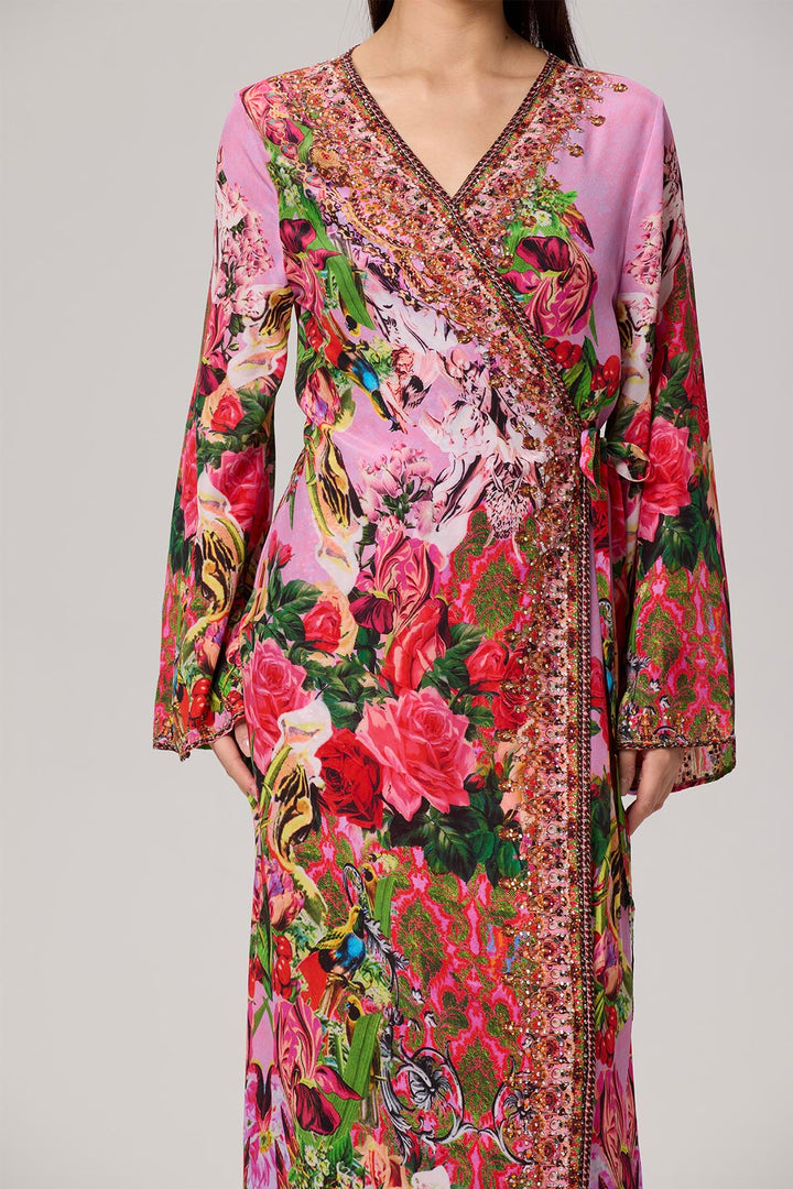 Nia Flower Print Wrap Maxi Silk Dress