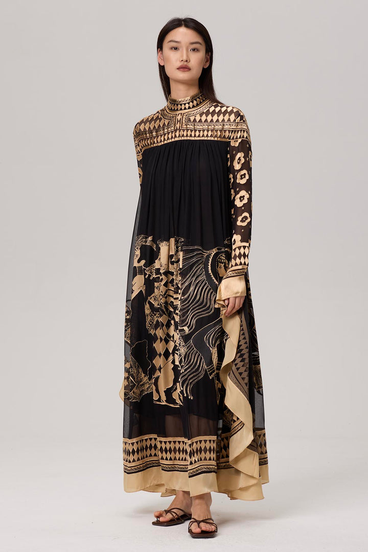 Saskia High-Neck Bawing Sleeve Maxi Dress