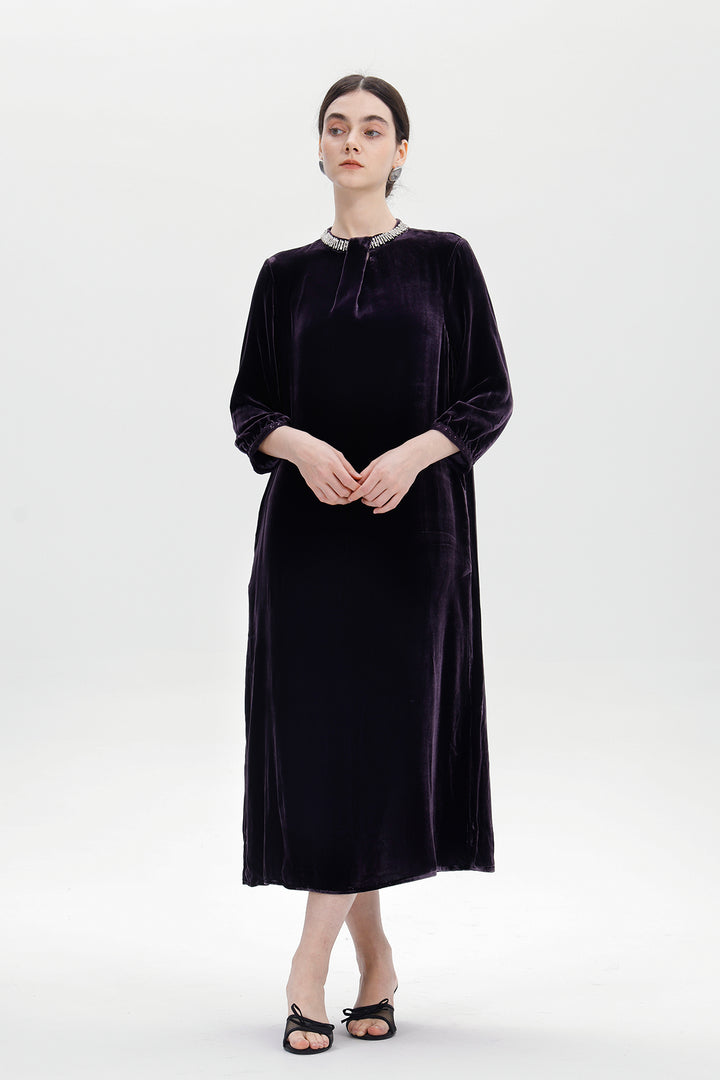 Leila Beaded Neck Velvet Midi Dress