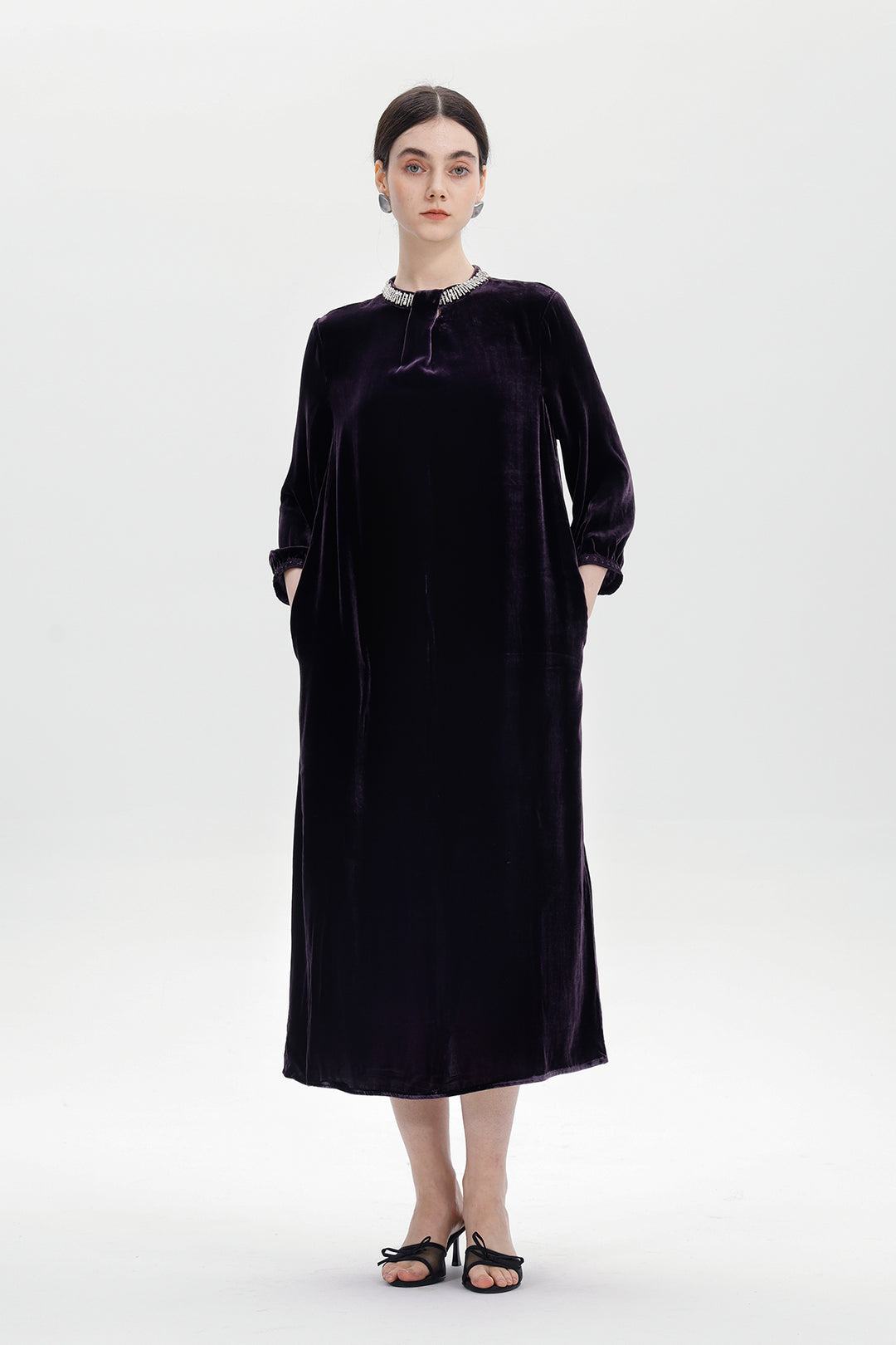 Leila Beaded Neck Velvet Midi Dress