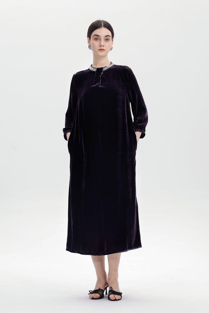 Leila Beaded Neck Velvet Midi Dress