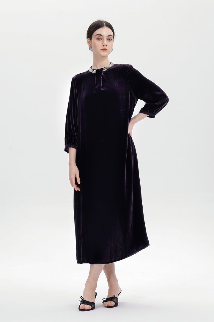 Leila Beaded Neck Velvet Midi Dress