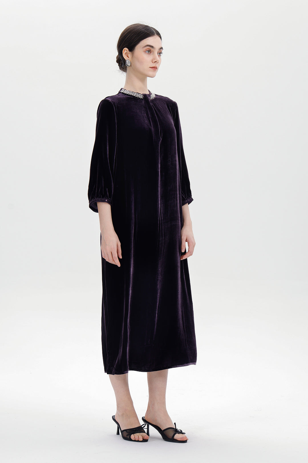 Leila Beaded Neck Velvet Midi Dress