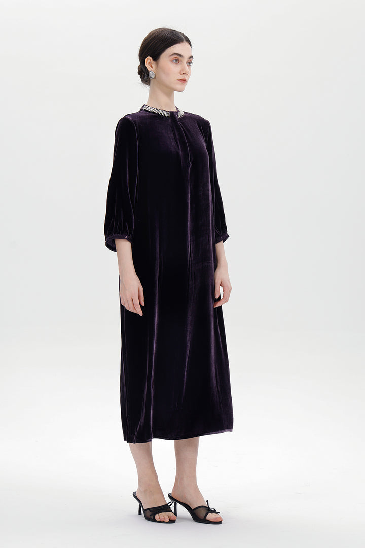 Leila Beaded Neck Velvet Midi Dress