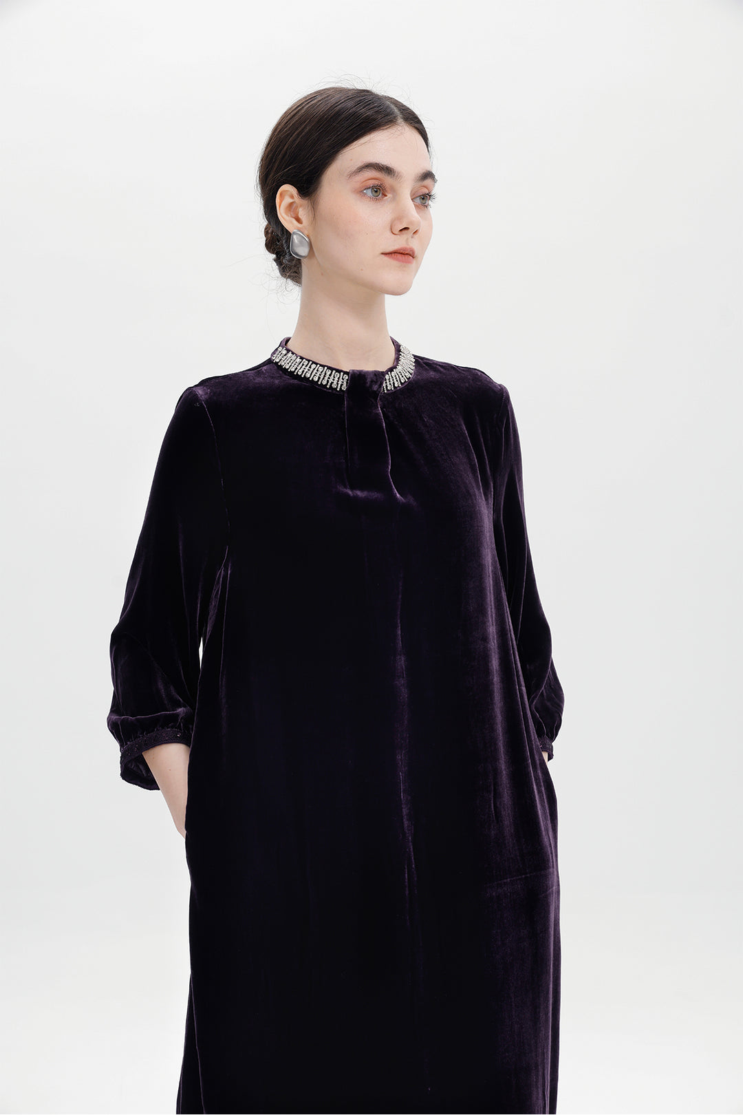 Leila Beaded Neck Velvet Midi Dress