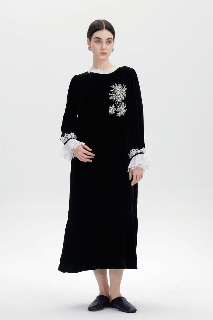 Valentina Beaded Bloom Velvet Dress