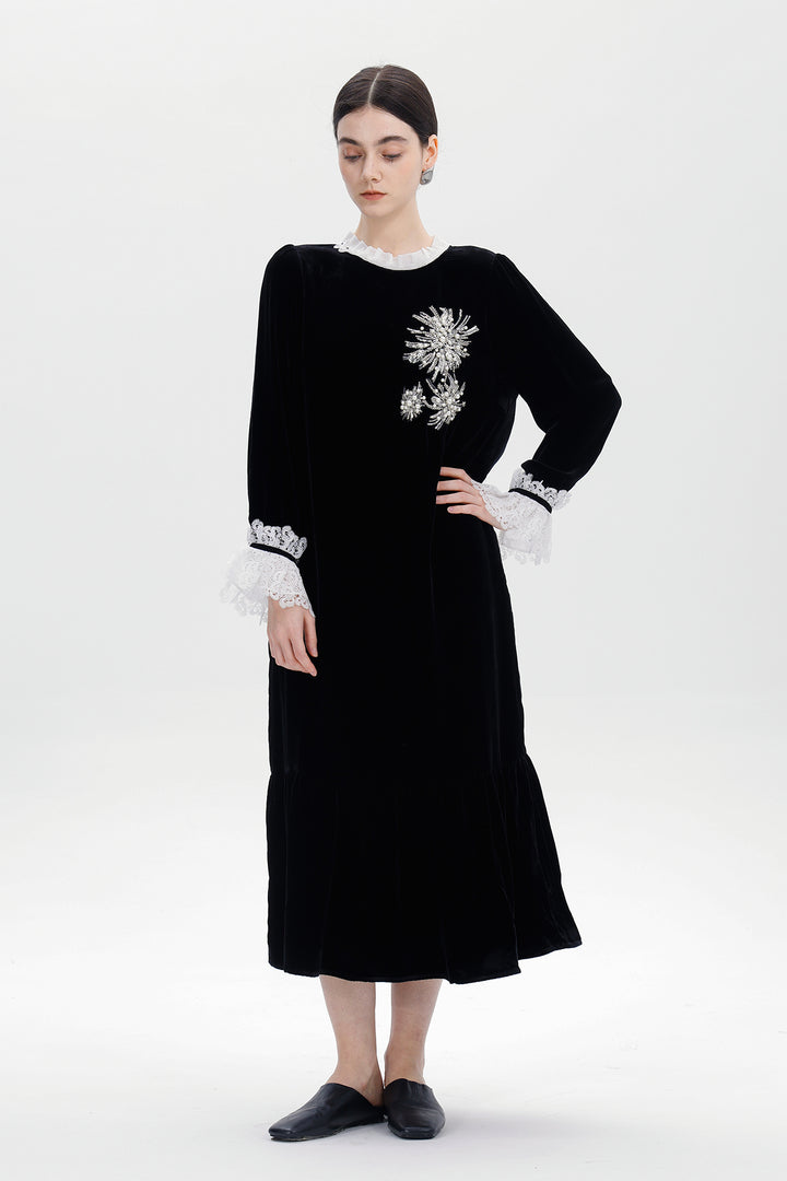 Valentina Beaded Bloom Velvet Dress