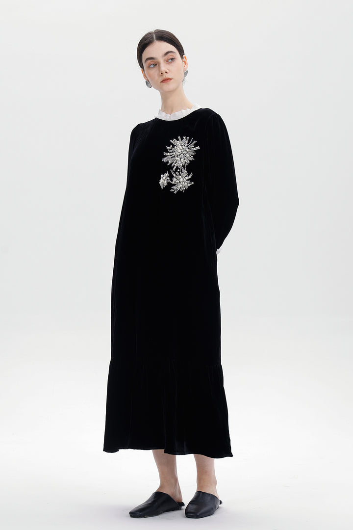 Valentina Beaded Bloom Velvet Dress
