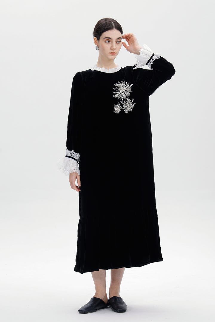 Valentina Beaded Bloom Velvet Dress