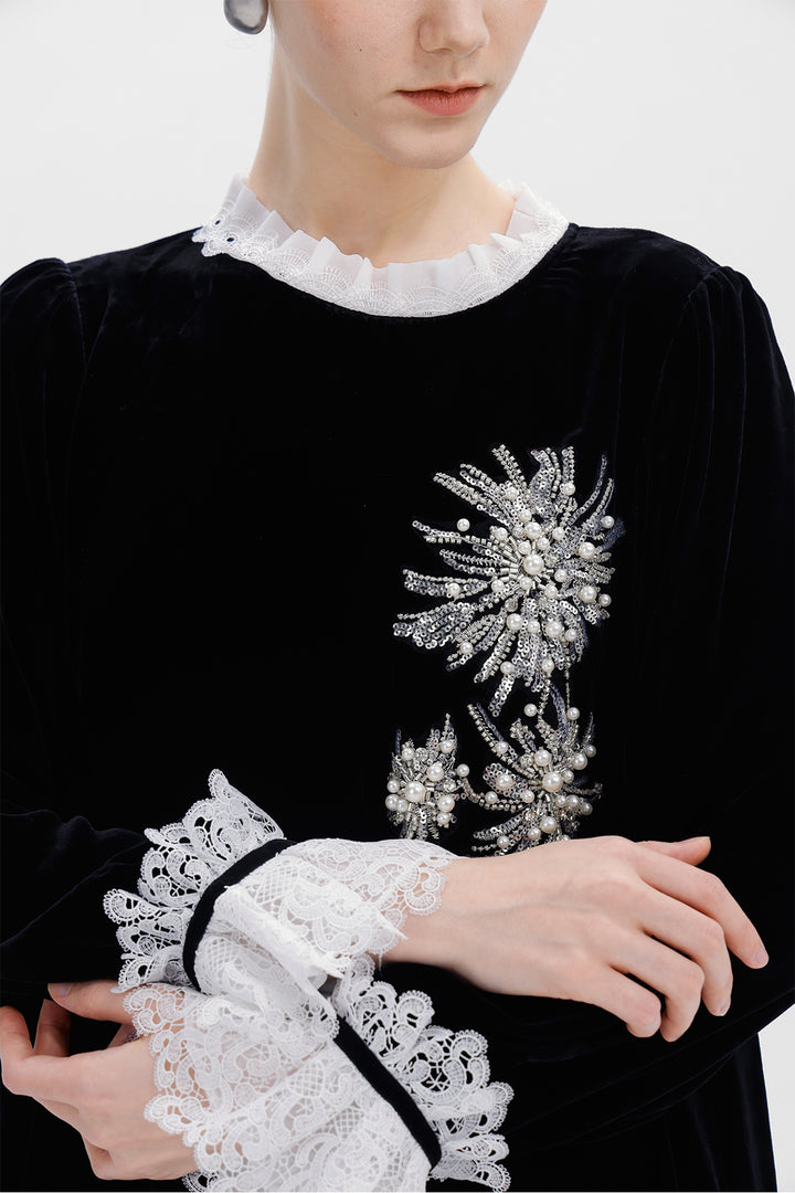 Valentina Beaded Bloom Velvet Dress