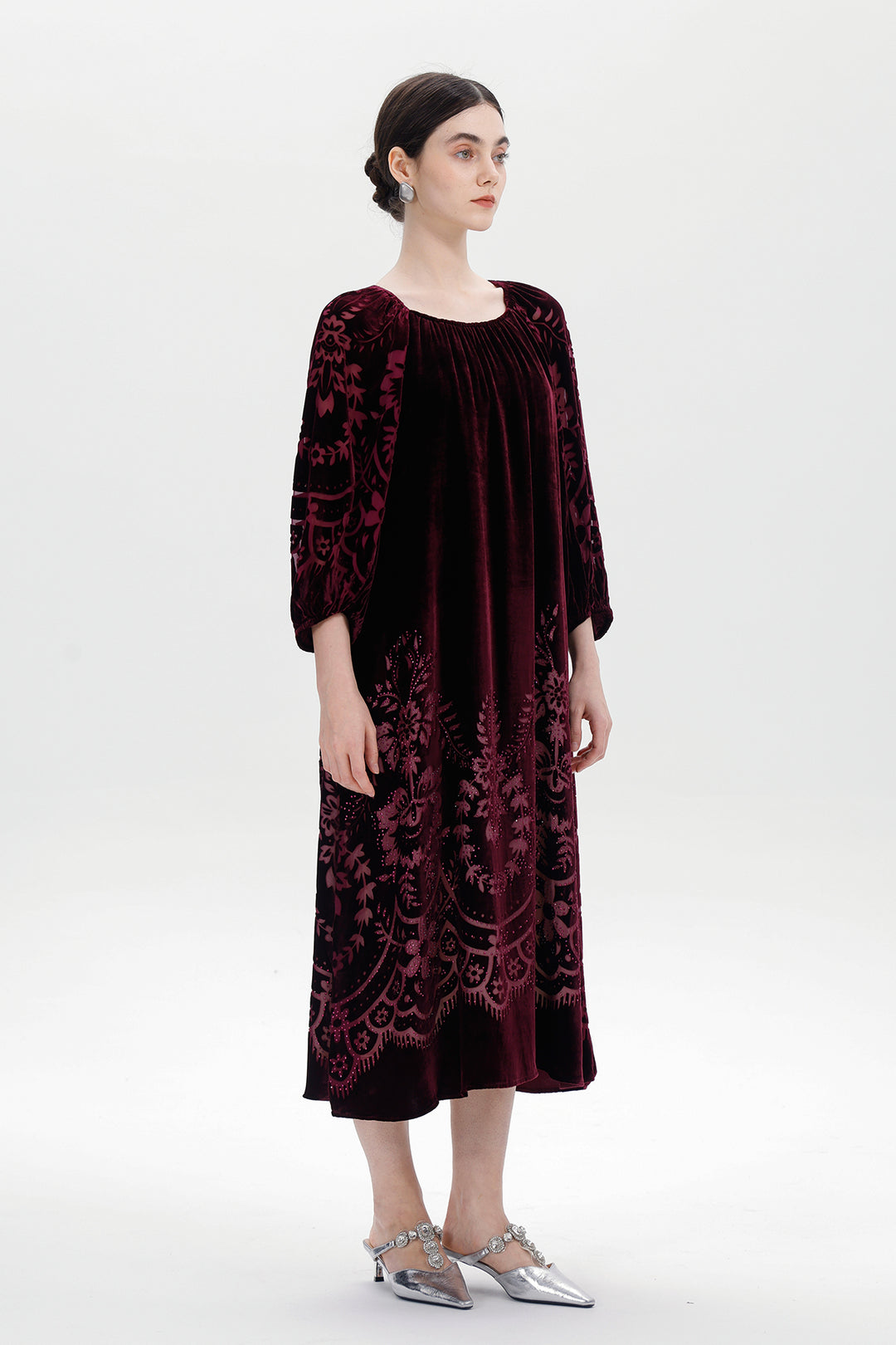 burnout velvet midi dress The Zeller Burnout Velvet Midi Dress in Dark Brown