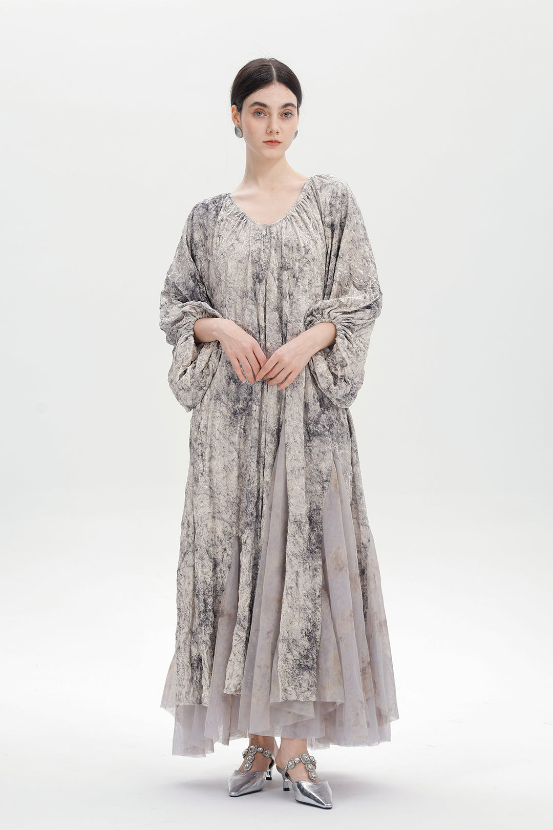 Amber Smoke Velvet Mesh Splice Maxi Dress