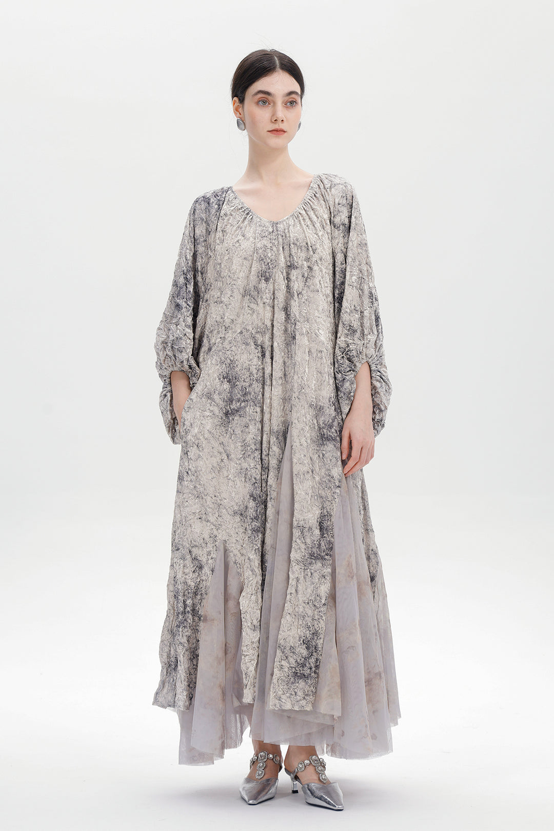 Amber Smoke Velvet Mesh Splice Maxi Dress