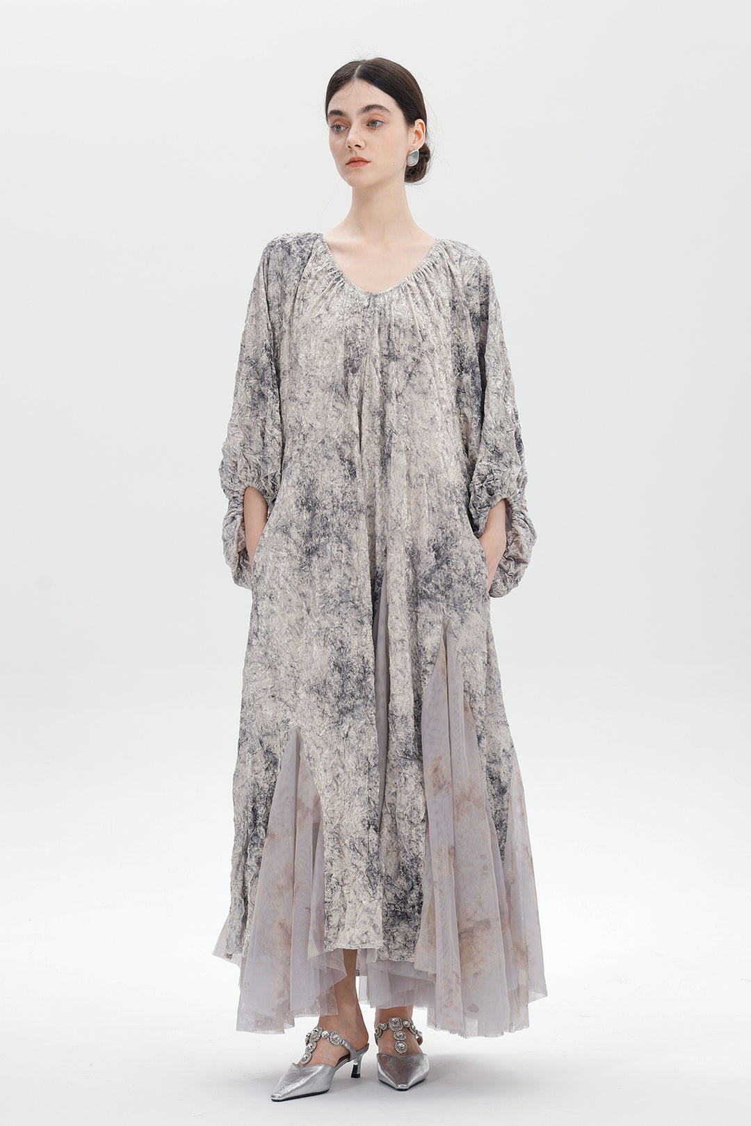 Amber Smoke Velvet Mesh Splice Maxi Dress