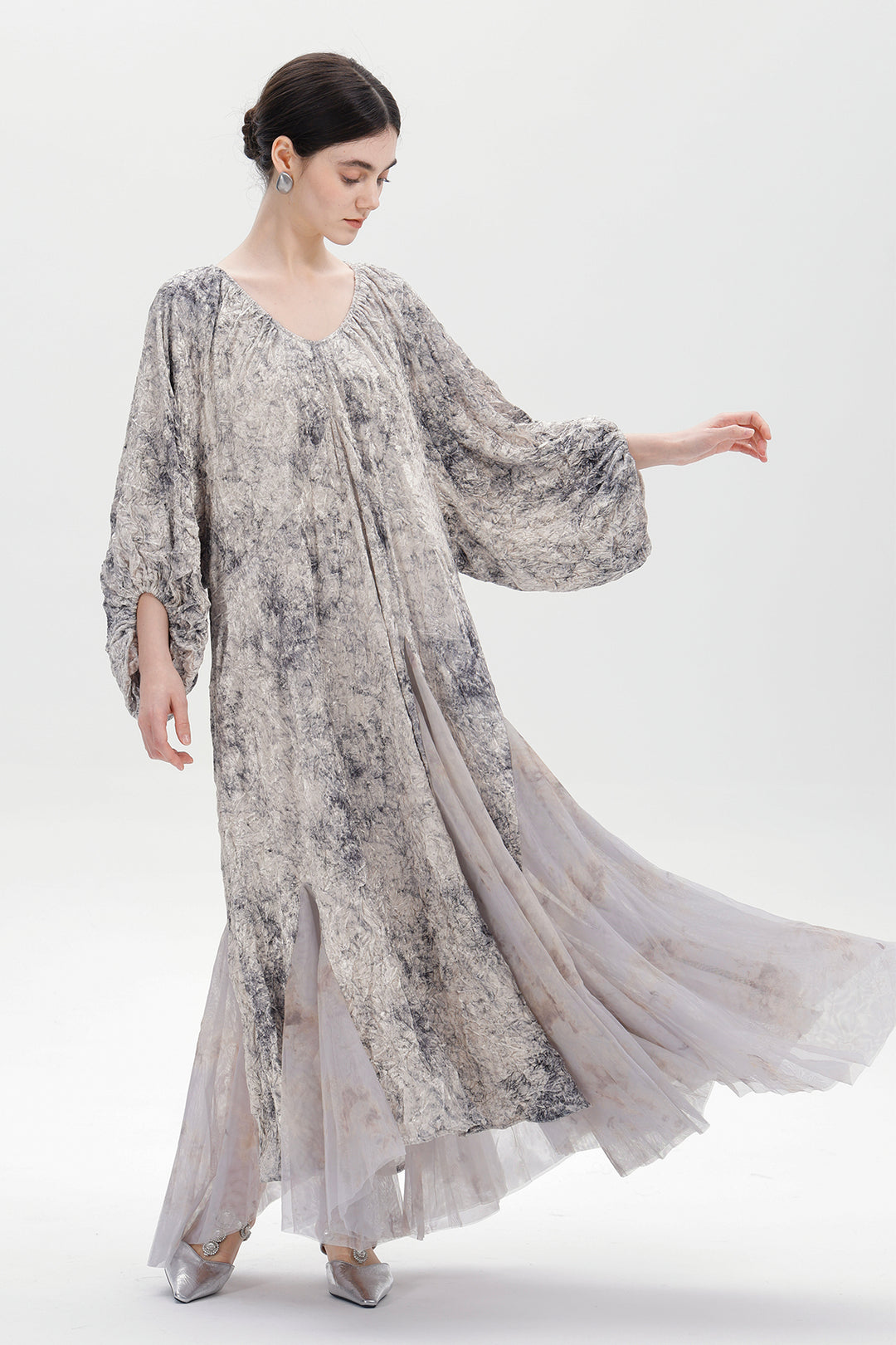 Amber Smoke Velvet Mesh Splice Maxi Dress