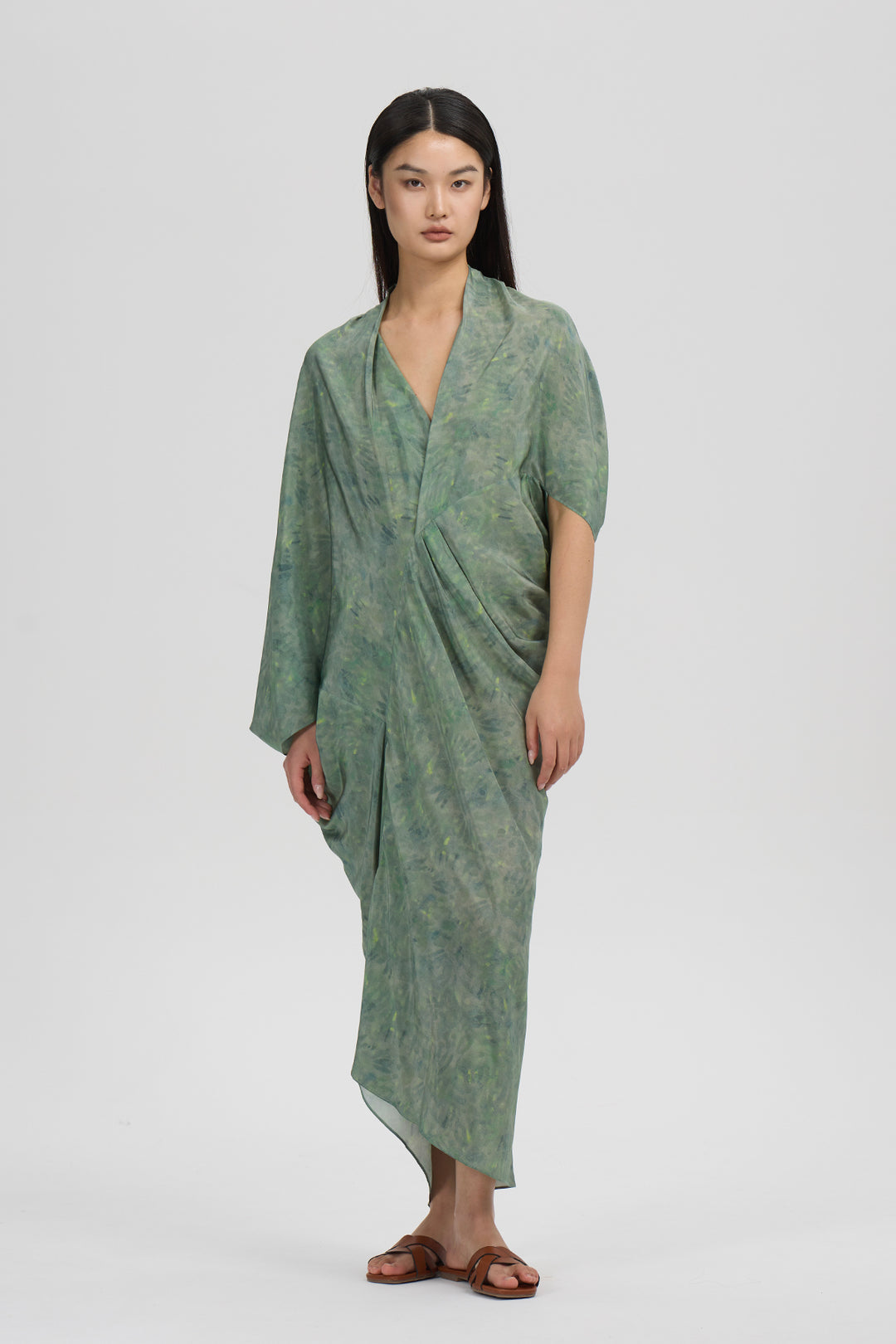 Aeris Draped Silk Dress Moss Green Print Aeris Draped Silk Dress Moss Green Print