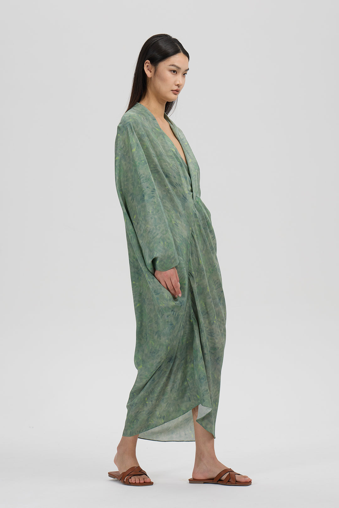 Aeris Draped Silk Dress – Moss Green Print