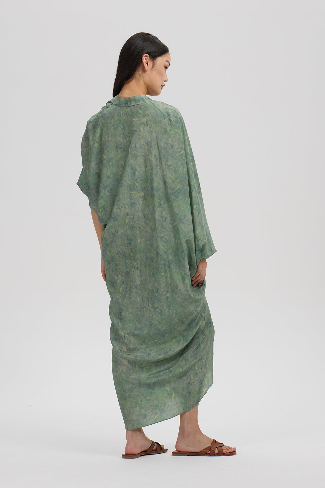 Aeris Draped Silk Dress – Moss Green Print