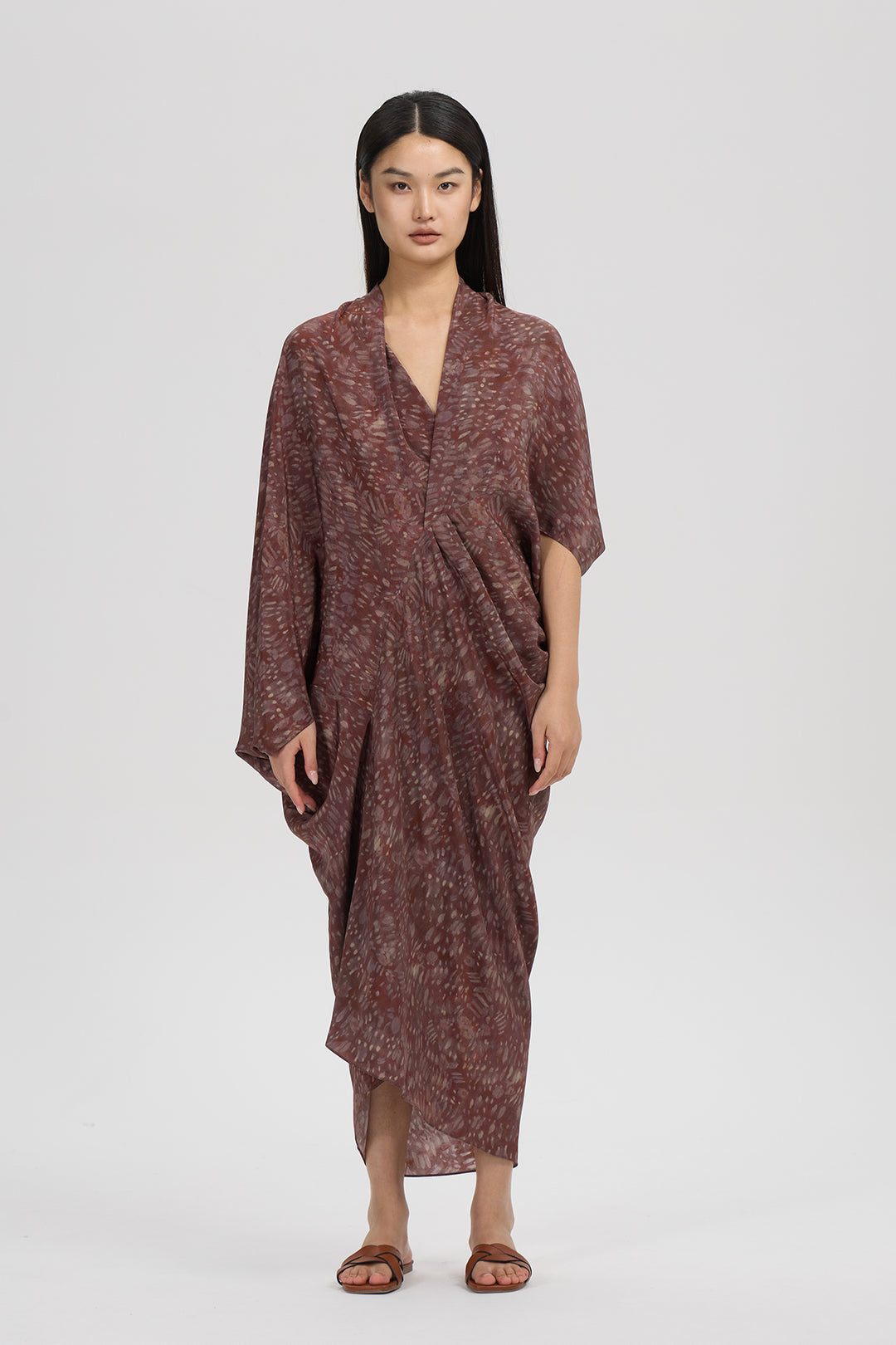 Aeris Draped Silk Dress – Rust Wine