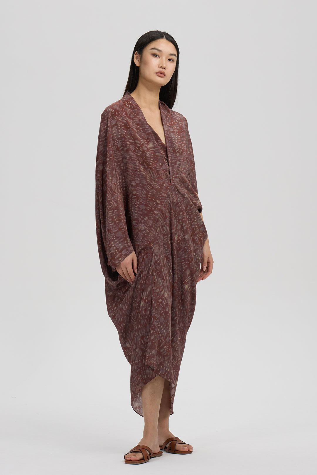 Aeris Draped Silk Dress – Rust Wine