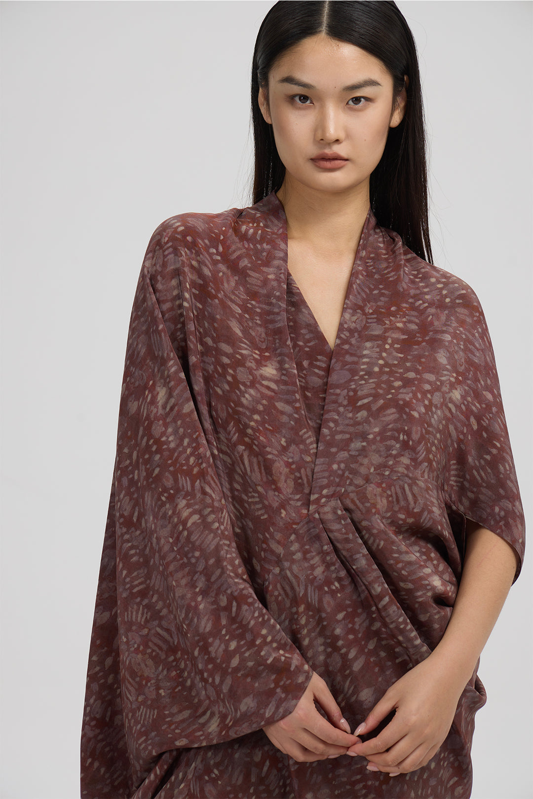 Aeris Draped Silk Dress – Rust Wine